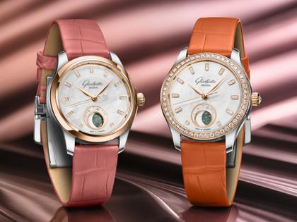 Glashütte Original Lady Serenade Luna Automatik Edelstahl 32,5mm weißes Zifferblatt oranges Lederband – Damenuhren Uhr ohne Datum aus 750 Rotgold, Edelstahl und Leder. Das Gehäuse ist rund und silber. Das Lederarmband Kroko / Alligator ist orange. Das Zifferblatt ist ein Index in weiß. – Ansicht 6