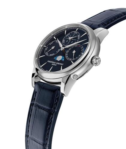 Frederique Constant Classic Perpetual Calendar Manufacture Automatik Edelstahl 40mm blaues Zifferblatt Lederband – Herrenuhren Uhr mit Kalender aus Edelstahl. Das Gehäuse ist rund und silber. Das Lederarmband Kroko / Alligator ist blau. Das Zifferblatt ist ein Index in blau. – Ansicht 2