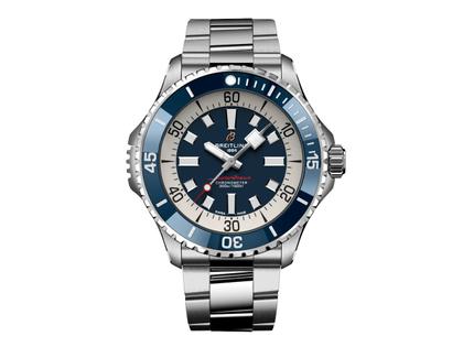 Breitling Superocean Automatic 46 Edelstahl blaues Zifferblatt Metallband – Herrenuhren Uhr ohne Datum aus Edelstahl. Das Gehäuse ist rund und silber. Das Edelstahlarmband ist silber. Das Zifferblatt ist arabisch Index und schwarz.