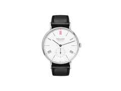 Nomos Glashütte Ludwig 39 Neomatik "Ärzte ohne Grenzen" Limited Edition Automatik Edelstahl 39mm weißes Zifferblatt schwarzes Lederband – Herrenuhren Uhr ohne Datum aus Edelstahl. Das Gehäuse ist rund und silber. Das Lederarmband ist schwarz. Das Zifferblatt ist römisch Index und weiß.