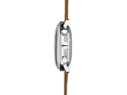 Junghans Max Bill Chronoscope Automatik Edelstahl 40mm silbernes Zifferblatt braunes Lederband – Herrenuhren Chronograph aus Edelstahl und Leder. Das Gehäuse ist rund und silber. Das Lederarmband ist braun. Das Zifferblatt ist arabisch Index und silber. – Ansicht 2