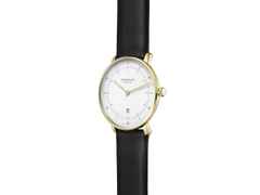 Sternglas Naos XS Quarz Edelstahl Gelbgold-PVD 33mm weißes Zifferblatt schwarzes Lederband – Damenuhren Uhr mit Datum aus Edelstahl und PVD beschichtet. Das Gehäuse ist rund und gelbgold. Das Lederarmband ist schwarz. Das Zifferblatt ist ein Index in weiß. – Ansicht 2