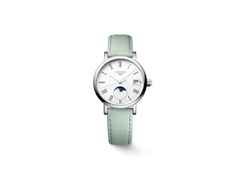 Longines Elegant Collection Quarz Edelstahl 30mm weißes Zifferblatt grünes Lederband – Damenuhren Uhr mit Datum aus Edelstahl und Leder. Das Gehäuse ist rund und silber. Das Lederarmband ist grün. Das Zifferblatt ist römisch und weiß.