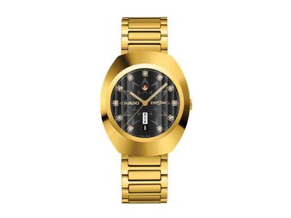 Herrenuhren Uhr mit Datum aus Edelstahl, Keramik und PVD beschichtet. Das Gehäuse ist oval und gelbgold. Das Edelstahlarmband ist gelbgold. Das Zifferblatt ist ein Index in grau.