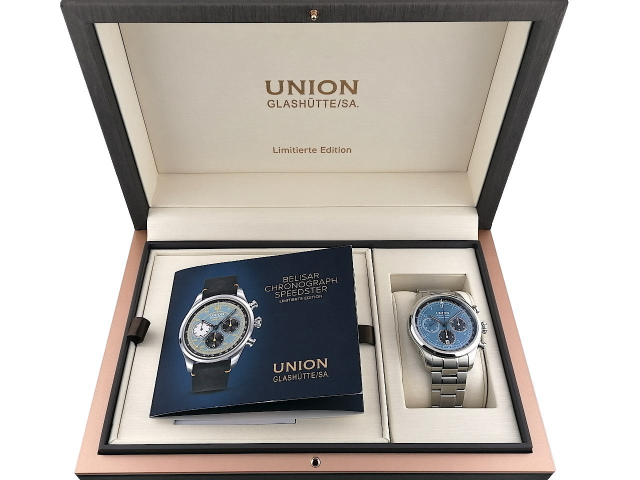 Union Glashütte Belisar Chronograph Speedster 2023 Limited Edition D009.427.11.052.09 Full Set mit Garantie Occasion Neu – Herrenuhren Chronograph aus Edelstahl. Das Gehäuse ist rund und silber. Das Edelstahlarmband ist silber. Das Zifferblatt ist arabisch Index und blau. – Ansicht 5