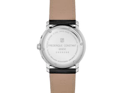 Frederique Constant Classics Index Business Timer Quarz Edelstahl 40mm silbernes Zifferblatt Lederband – Herrenuhren Uhr mit Datum aus Edelstahl und Leder. Das Gehäuse ist rund und silber. Das Lederarmband ist schwarz. Das Zifferblatt ist ein Index in silber. – Ansicht 3