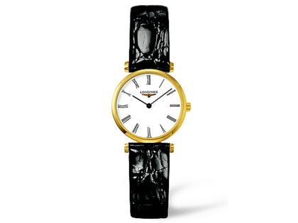 Longines La Grande Classique Damenuhr XS goldfarben römisch Lederband – Damenuhren Uhr ohne Datum aus Edelstahl und PVD beschichtet. Das Armband ist ein Lederarmband. Der Zifferblatt ist römisch.