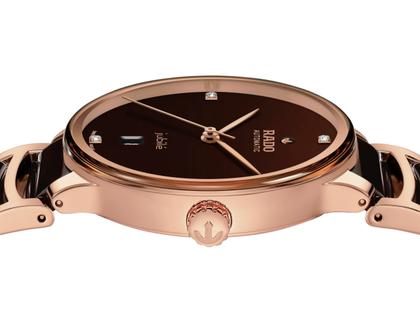 Rado Centrix Diamonds Automatik Edelstahl Roségold-PVD 39,5mm braunes Zifferblatt mit Brillanten Metallband – Herrenuhren Uhr mit Datum aus Edelstahl, Keramik und PVD beschichtet. Das Gehäuse ist rund und roségold. Das Keramikarmband ist braun. Das Zifferblatt ist ein Index in braun. – Ansicht 3