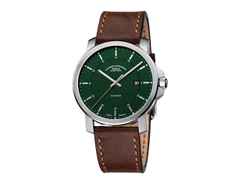 Mühle Glashütte 29er Casual Edition 30 Jahre Deutsche Einheit Automatik Edelstahl 42,4mm grünes Zifferblatt braunes Lederband – Herrenuhren Uhr mit Datum aus Edelstahl und Leder. Das Gehäuse ist rund und silber. Das Lederarmband ist braun. Das Zifferblatt ist ein Index in grün. – Ansicht 2