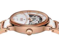 Rado Centrix Diamonds Automatik Open Heart Edelstahl Roségold-PVD 35mm weißes Zifferblatt mit Brillanten Metallband – Damenuhren Uhr ohne Datum aus Edelstahl, Keramik und PVD beschichtet. Das Gehäuse ist rund und roségold. Das Keramikarmband ist weiß. Das Zifferblatt ist ein Index in weiß. – Ansicht 3