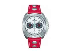 Junghans 1972 Chronoscope FIS Edition 2019 Quarz Edelstahl 43mm weißes Zifferblatt rotes Lederband – Herrenuhren Chronograph aus Edelstahl. Das Gehäuse ist rund und silber. Das Lederarmband ist rot. Das Zifferblatt ist ein Index in weiß.
