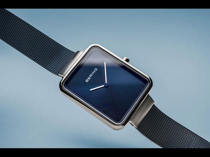 Bering 14528 Edelstahl Damenuhr eckig blaues Zifferblatt