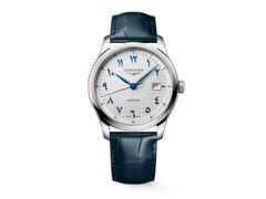 Longines Master Collection Arabic Dial Automatik Edelstahl 41mm silbernes Zifferblatt blaues Lederband – Herrenuhren Uhr mit Datum aus Edelstahl und Leder. Das Gehäuse ist rund und silber. Das Lederarmband Kroko / Alligator ist blau. Das Zifferblatt ist arabisch und silber.