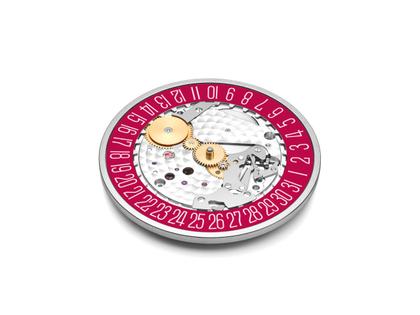 Nomos Glashütte Tangente 38 Datum "175 Years Watchmaking - Chili" Handaufzug Edelstahl pinkes Zifferblatt graues Textilband Glasboden – Herrenuhren Uhr mit Datum aus Edelstahl. Das Gehäuse ist rund und silber. Das Textilarmband ist grau. Das Zifferblatt ist arabisch Index und pink. – Ansicht 8