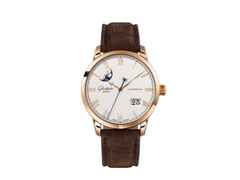 Glashütte Original Senator Excellence Panoramadatum Mondphase Automatik Rotgold 40mm silbernes Zifferblatt braunes Lederband – Herrenuhren Uhr mit Datum aus 750 Rotgold. Das Gehäuse ist rund und roségold. Das Lederarmband Kroko / Alligator ist braun. Das Zifferblatt ist römisch und silber.