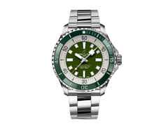 Breitling Superocean Automatic 44 Edelstahl grünes Zifferblatt Metallband – Herrenuhren Uhr ohne Datum aus Edelstahl und Keramik. Das Gehäuse ist rund und silber. Das Kautschuk / Kunststoff / Silikon Armband ist silber. Das Zifferblatt ist ein Index in grün.