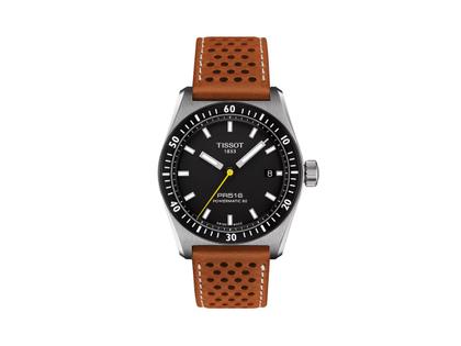 Herrenuhren Uhr mit Datum aus Edelstahl und Leder. Das Gehäuse ist rund und silber. Das Lederarmband ist braun. Das Zifferblatt ist ein Index in schwarz.