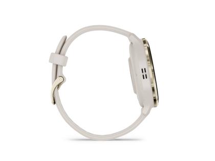 Garmin Venu 3S faserverstärktes Polymer elfenbeinfarben 41mm elfenbeinfarbenes Kautschukband – Herrenuhren Uhr Multifunktion aus Edelstahl, Kautschuk, Kunststoff und PVD beschichtet. Das Gehäuse ist rund und beige. Das Kautschuk / Kunststoff / Silikon Armband ist beige. Das Zifferblatt ist digital und schwarz. – Ansicht 6
