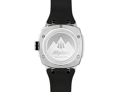 Alpina Seastrong Diver Extreme Automatik Edelstahl 39mm schwarzes Zifferblatt schwarzes Kautschukband Special Edition – Herrenuhren Uhr ohne Datum aus Edelstahl und Kautschuk. Das Gehäuse ist rund und silber. Das Kautschuk / Kunststoff / Silikon Armband ist schwarz. Das Zifferblatt ist ein Index in schwarz. – Ansicht 3