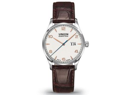 Union Glashütte Noramis Großdatum Herrenuhr silber roségold – Herrenuhren Uhr mit Datum aus Edelstahl und Leder. Das Gehäuse ist rund und silber. Das Lederarmband ist braun. Das Zifferblatt ist arabisch Index und weiß.