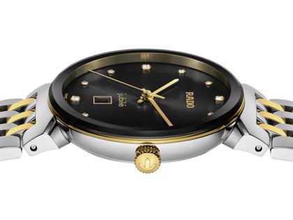 Rado Florence Classic Diamonds Quarz Edelstahl 30 mm schwarz Edelstahlband bicolor – Damenuhren Uhr mit Datum aus Edelstahl und PVD beschichtet. Das Gehäuse ist rund und silber-gelbgold. Das Edelstahlarmband ist silber-gelbgold. Das Zifferblatt ist ein Index in schwarz. – Ansicht 3