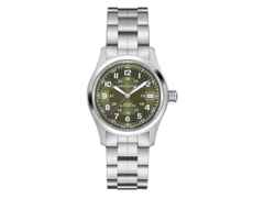 Hamilton Khaki Field Automatik Edelstahl 38mm grünes Zifferblatt Metallband – Herrenuhren Uhr ohne Datum aus Edelstahl. Das Gehäuse ist rund und silber. Das Edelstahlarmband ist silber. Das Zifferblatt ist arabisch und grün.