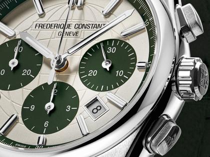 Frederique Constant Highlife Chronograph Automatic Edelstahl 41mm weiß-grünes Zifferblatt grünes Lederband limitiert – Herrenuhren Chronograph aus Edelstahl und Leder. Das Gehäuse ist rund und silber. Das Lederarmband ist grün. Das Zifferblatt ist ein Index in weiß. – Ansicht 4