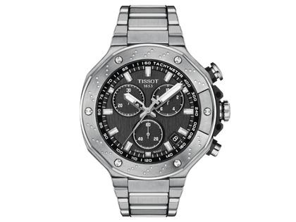 Tissot T-Race Chronograph Quarz Edelstahl 45mm schwarzes Zifferblatt Metallband – Herrenuhren Chronograph aus Edelstahl. Das Gehäuse ist rund und silber. Das Edelstahlarmband ist silber. Das Zifferblatt ist ein Index in schwarz.
