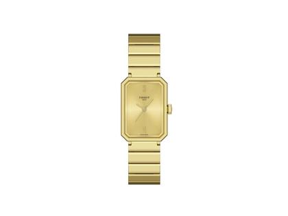 Tissot SRV Quarz Edelstahl Gelbgold-PVD 22x30mm goldenes Zifferblatt Metallband – Damenuhren Uhr ohne Datum aus Edelstahl und PVD beschichtet. Das Gehäuse ist rechteckig und gelbgold. Das Edelstahlarmband ist gelbgold. Das Zifferblatt ist römisch und gelbgold.