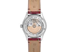 Frederique Constant Classics Elegance Luna Automatik Edelstahl 36mm weißes Zifferblatt pinkes Lederband – Damenuhren Uhr ohne Datum aus Edelstahl und Leder. Das Gehäuse ist rund und silber. Das Lederarmband ist rot. Das Zifferblatt ist römisch und weiß. – Ansicht 2