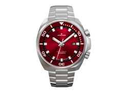 Junghans Aquaris Red Automatik Edelstahl 47mm rotes Zifferblatt Metallband und schwarzes Kautschukband – Herrenuhren Uhr mit Datum aus Edelstahl und Kautschuk. Das Gehäuse ist rund und silber. Das Edelstahlarmband ist silber. Das Zifferblatt ist ein Index in rot.