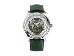 Frederique Constant Classics Worldtimer GMT Manufacture Automatik Edelstahl 42mm weißes Zifferblatt grünes Lederband – Herrenuhren Uhr mit Datum aus Edelstahl und Leder. Das Gehäuse ist rund und silber. Das Lederarmband Kroko / Alligator ist grün. Das Zifferblatt ist ein Index in grün.