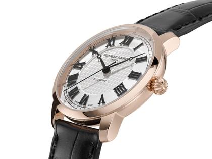 Frederique Constant Classics Automatik Edelstahl Roségold-PVD 39mm weißes Zifferblatt schwarzes Lederband limitiert – Herrenuhren Uhr ohne Datum aus Edelstahl, Leder und PVD beschichtet. Das Gehäuse ist rund und roségold. Das Lederarmband ist schwarz. Das Zifferblatt ist römisch und weiß. – Ansicht 2