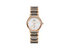 Rado Centrix Diamonds Automatik Edelstahl Roségold-PVD 30,5mm weißes Zifferblatt mit Brillanten Metallband – Damenuhren Uhr mit Datum aus Edelstahl, Keramik und PVD beschichtet. Das Gehäuse ist rund und roségold. Das Keramikarmband ist grau. Das Zifferblatt ist ein Index in weiß.