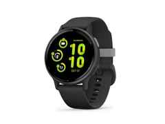 Garmin vívoactive 5 faserverstärktes Polymer schwarz 42mm schiefergraues Kautschukband – Damenuhren Uhr Multifunktion aus eloxiertes Aluminium, Kautschuk, Kunststoff und PVD beschichtet. Das Gehäuse ist rund und schwarz. Das Kautschuk / Kunststoff / Silikon Armband ist anthrazit. Der Zifferblatt ist digital. – Ansicht 3