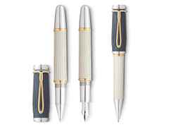 Montblanc Writers Edition                    2024: Jane Austen Limited Edition  3er Set – Schreibgeräte Füllfederhalter in beige und aus 750 Gelbgold, Edelharz, Metall, platiniert, rhodiniert und vergoldet.