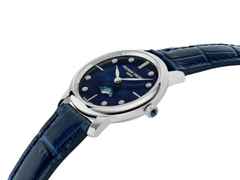 Frederique Constant Slimline Ladies Moonphase Quarz Edelstahl 30mm Perlmutt-Zifferblatt blaues Lederband – Damenuhren Uhr ohne Datum aus Edelstahl und Leder. Das Gehäuse ist rund und silber. Das Lederarmband ist blau. Das Zifferblatt ist ein Index in blau. – Ansicht 3