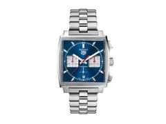 TAG Heuer Monaco Chronograph Automatik Edelstahl 39mm blaues Zifferblatt Metallband – Herrenuhren Chronograph aus Edelstahl. Das Gehäuse ist rechteckig und silber. Das Edelstahlarmband ist silber. Das Zifferblatt ist ein Index in blau.