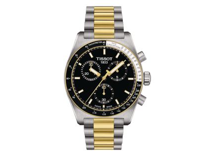 Herrenuhren Chronograph aus Edelstahl und PVD beschichtet. Das Gehäuse ist rund und silber-gelbgold. Das vergoldetes Edelstahlarmband ist silber-gelbgold. Das Zifferblatt ist ein Index in schwarz.