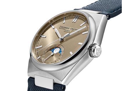 Frederique Constant Highlife Moonphase Date Manufacture Automatik Edelstahl 39mm beiges Zifferblatt Metallband und blaues Lederband – Herrenuhren Uhr mit Datum aus Edelstahl und Leder. Das Gehäuse ist rund und silber. Das Edelstahlarmband ist silber. Das Zifferblatt ist ein Index in beige. – Ansicht 5