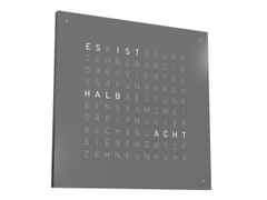 Qlocktwo Earth 45 Grey Pepper Monochrome Edition – Großuhren Wanduhr aus . Das Gehäuse ist quadratisch und weiß. Das Zifferblatt ist digital und grau.