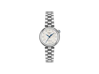 Tissot Desir Automatik Edelstahl 28mm Perlmutt-Zifferblatt mit Brillanten Metallband – Damenuhren Uhr mit Datum aus Edelstahl. Das Gehäuse ist rund und silber. Das Edelstahlarmband ist silber. Das Zifferblatt ist ein Index in weiß.
