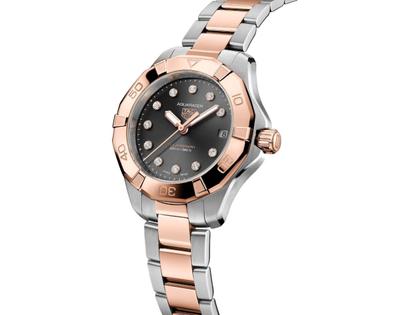 TAG Heuer Aquaracer Professional 200 Solargraph Quarz Edelstahl Roségold 34mm schwarzes Perlmutt-Zifferblatt mit Brillanten Metallband – Damenuhren Uhr mit Datum aus 750 Rotgold und Edelstahl. Das Gehäuse ist rund und silber-roségold. Das Edelstahlarmband mit Gold ist silber-roségold. Das Zifferblatt ist ein Index in schwarz. – Ansicht 2