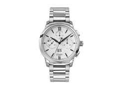 Glashütte Original Senator Chronograph Panoramadatum Automatik Edelstahl 42mm weißes Zifferblatt Metallband – Herrenuhren Chronograph aus 950 Platin. Das Gehäuse ist rund und silber. Das Edelstahlarmband ist silber. Das Zifferblatt ist römisch Index und weiß.