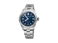 Oris Divers Sixty-Five X LFP Limited Edition Automatik Edelstahl 38mm blaues Zifferblatt Metallband – Herrenuhren Uhr mit Datum aus Edelstahl. Das Gehäuse ist rund und silber. Das Edelstahlarmband ist silber. Das Zifferblatt ist ein Index in blau.