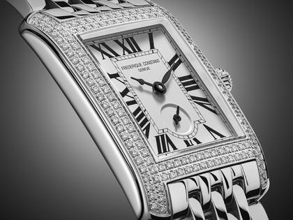 Frederique Constant Classics Carree Small Seconds Quarz Edelstahl mit Brillanten 36x25mm weißes Zifferblatt Metallband – Damenuhren Uhr mit Datum aus Edelstahl. Das Gehäuse ist rechteckig und silber. Das Edelstahlarmband ist silber. Das Zifferblatt ist römisch und weiß. – Ansicht 4