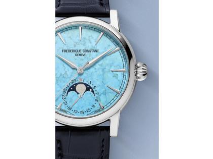 Frederique Constant Manufacture Classic Moonphase Date Automatik Edelstahl 40mm Türkis-Zifferblatt blaues Lederband limitiert – Herrenuhren Uhr mit Datum aus Edelstahl und Leder. Das Gehäuse ist rund und silber. Das Lederarmband Kroko / Alligator ist blau. Das Zifferblatt ist ein Index in türkis. – Ansicht 3