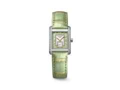 Longines DolceVita   Mini Quarz Edelstahl 22x29mm Brillantbesatz grünes Zifferblatt grünes Lederband – Damenuhren Uhr ohne Datum aus Edelstahl, Leder und vergoldet. Das Gehäuse ist rechteckig und silber. Das Lederarmband Kroko / Alligator ist grün. Das Zifferblatt ist römisch und grün.