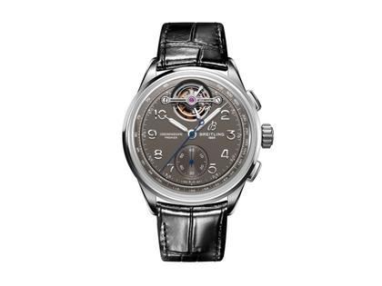 Breitling Premier B21 Chronograph Tourbillon 42 Gaston Breitling Automatik Weißgold graues Zifferblatt schwarzes Lederband – Herrenuhren Chronograph aus 750 Weißgold und Leder. Das Gehäuse ist rund und silber. Das Lederarmband Kroko / Alligator ist schwarz. Das Zifferblatt ist arabisch und grau.