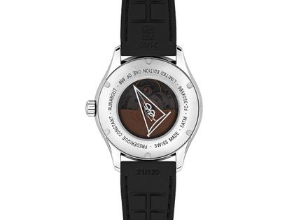 Frederique Constant Classics Runabout GMT Automatik Edelstahl 42mm blaues Zifferblatt schwarzes Kautschukband limitiert – Herrenuhren Uhr mit Datum aus Edelstahl und Kautschuk. Das Gehäuse ist rund und silber. Das Kautschuk / Kunststoff / Silikon Armband ist schwarz. Das Zifferblatt ist arabisch Index und blau. – Ansicht 3
